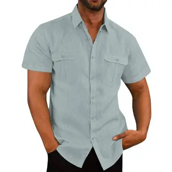 Summer Hot Sale pamutvászon férfi rövid ujjú ingek Egyszínű álló gallér alkalmi Beach Style Plus sizeférfi ingek M-5Xl