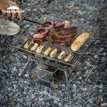 rozsdamentes acél összecsukható grilltartó Campingmoon MT2 hordozható BBQ faszén grill többcélú széngrill