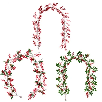 Karácsonyi műszőlő levelek Növény piros gyümölcs fenyőtobozok Hosszú rattan levél füzér fali függő dekoráció otthoni kerti partihoz