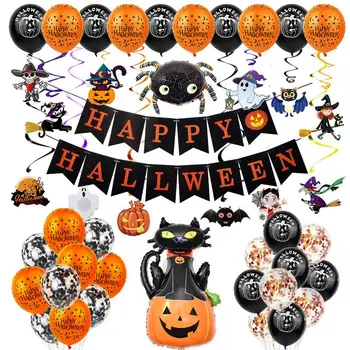 Halloween léggömbök fólia Dekor fólia narancssárga fekete léggömbök dekoráció tök fekete macska pók és szellem kísérteties Halloween Party bár
