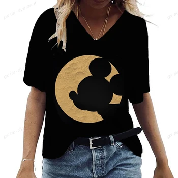 Új nyári Disney női póló Casual V nyak Minnie Mickey egér mintás póló Rövid ujjú футболки Női ruhák póló felső