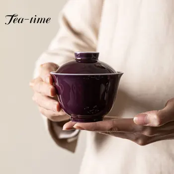 150ml Retro szőlő lila máz kerámia teáskanna kézzel festett dupla vonalú fedél fedéllel Teafőző Nem forró Gaiwan Kung Fu teáskészlet