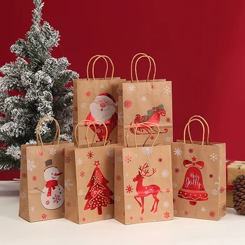 6db karácsonyi ajándéktáska fogantyúval Kraft papírzacskók Mikulás hóember 2024 karácsonyi party cukorka táska süti ajándék dekorációs táska