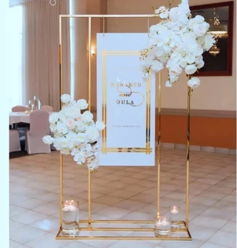 Esküvői ív négyzet alakú háttér ballonállvány, fényes fém, aranyozás, kültéri, művirág, ajtópolckeret