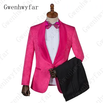 Gwenhwyfar Új Briliáns rózsaszín Jacquard fekete nadrág Vőlegény Tuxedos kendő hajtóka férfi öltönyök esküvőre Legjobb férfi öltönyök (dzseki + nadrág)