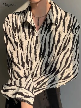 Nyomtatott ingek Férfi divat Szabadidő Koreai Elegáns Ágyazható gallér Laza hosszú ujjú Streetwear Egymellű Napi vintage felsők