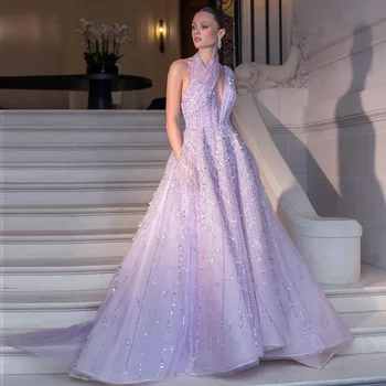 Luxus lila flitteres gyöngyös estélyi ruha ujjatlan garbó rakott báli ruha Padlóig érő partiruha Vestido de Gala