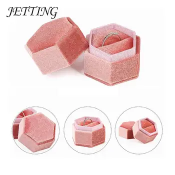 Szép hatszögletű bársony alakú bársony ékszergyűrű doboz tároló doboz jegygyűrű kijelző nőknek ajándék fülbevaló csomagolás rózsaszín