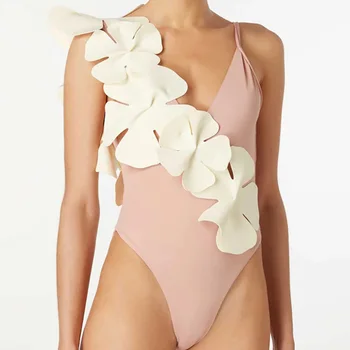 2022 Új női fürdőruha fehér virágos egyszínű rózsaszín színű egyrészes nyitott hátsó fürdőruha strandfürdőruha