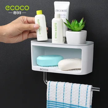 ECOCO falra szerelhető fürdőszobai tároló polcos doboz törölközőrúddal ABS+PS Piperecikkek Tárolótartó Konyhai tárolódoboz állvány