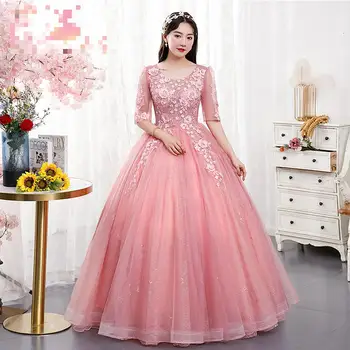 Rózsaszín édes tündér tüll báli ruha csipke virág földig érő quinceanera ruhák divat félujjú rátétek vestido de debutante