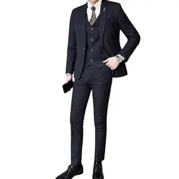 (Blézer + nadrág + mellények) Márka Férfi kockás csíkos öltöny 3 részes Őszi téli üzleti esküvői parti Tuxedo ruha fekete/szürke/kék