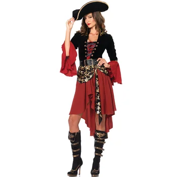 M-3XL Plus Size Halloween Farsangi Party Női Kalóz Cosplay jelmezek Koponya nyomtatás Szexi öves piros ruha Vintage öltöny