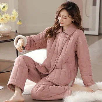 2024 Új pamut pizsama női téli háromrétegű pamut párnázott vastag hálóruha meleg korallpolár szalonruha laza háziruha szett
