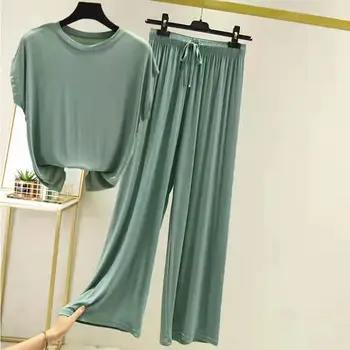Loungewear női modális pamut pizsama 2 részes szett nyári laza ujjatlan kerek nyakú otthoni ruhák kényelmes pizsama nadrág szett