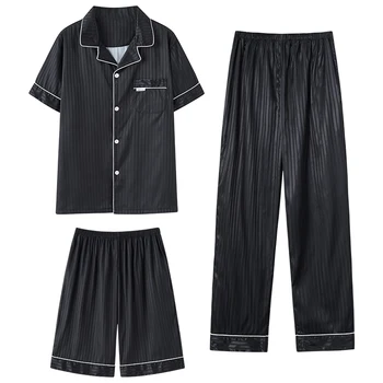 3 részes szett rövid ujjú felsők + rövid nadrág + hosszú nadrág nyári pizsama férfi pizsamához selyem szatén pizsama szett otthoni ruhák