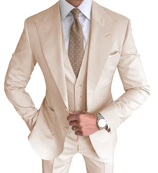 Férfi retro dzseki mellény nadrág öltöny Tweed Business Teljes ujjú mellények Slim Fit 3 részes vőlegények esküvőre