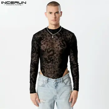 INCERUN férfi bodyk hálós átlátszó Jacquard O-nyakú férfi Rompers Streetwear 2023 szexi divatos férfi bodyk S-3XL
