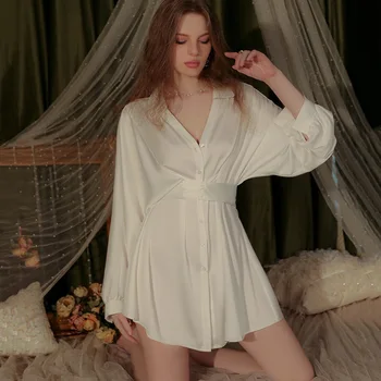 Női hosszú ujjú póló Francia szexi szatén hálóruha Fűző nyitott első ing Női pizsama fehér rövid ruha Új érkezés FG553