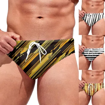 Férfi fürdőruha szexi csíkos nyomtatás férfi úszónadrág háromszög tanga húr forró strand bikini fürdő csomagtartó tábla rövidnadrág fürdőruha