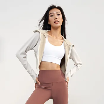 Egyszínű átfogó edzés Női sport kapucnis pulóver kabát Hosszú ujjú bársony állvány gallér Yoga Fitness kabát Viselet Tartsa melegen