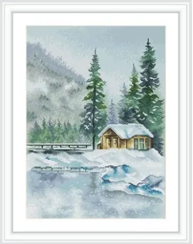 Téli tóparti ház 46-36 Hímzés DIY 14CT Nyomtatatlan művészetek Keresztszemes készletek Készlet Keresztszemes lakberendezés