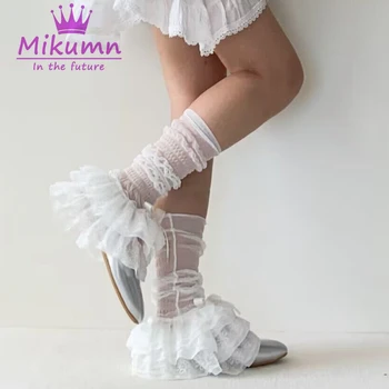 Mikumn Harajuku női lábmelegítők Zokni Japán Kawaii fehér csipke hálós masni Hosszú zokni Y2k Aranyos elegáns nyári lábvédő utcai ruházat
