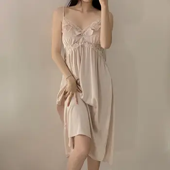 Szexi hosszú harisnyatartó hálóruha női hálóruha Gwon ujjatlan üreges hálóing nyári selymes szatén otthoni viselet hálóruha