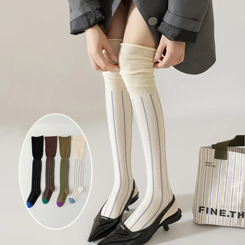303 Új őszi/téli hosszú ujjú női zokni függőleges csíkokkal 5A antibakteriális tiszta pamut karcsúsító magas csövű térdzokni
