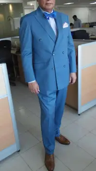 2020 Tailored Blue Suit férfi üzleti vőlegény Tuxedo Slim Fit 2 részes dupla mellű blézer báli esküvői öltöny (dzseki + nadrág)