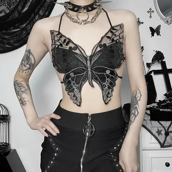 Fairycore Grunge Butterfly Crop Top női Y2K esztétikus csipke hát nélküli Halter Mall Gótikus Camisole felsők Dark Rave Festival Outfit
