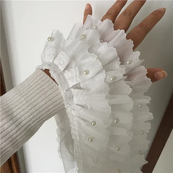 Fehér sifon gyöngyös csipke díszítés háromrétegű fodros csipke szoknya mandzsetta baba diy kézzel készített esküvői ruha dekoráció csipke szövet