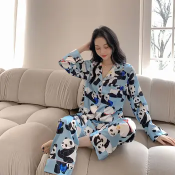 Szexi jégselyem rajzfilm panda nyomtatott kék szatén 2Db pizsama nyári női hosszú ujjú ing nadrág kétrészes háziruha hálóruha