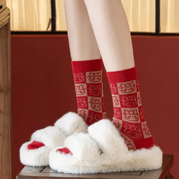 Pamut újévi piros zokni megvastagodik rácsos középső cső zokni női harisnya vastagodik alvópadló zokni