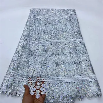 Kiváló minőségű afrikai nigériai vízben oldódó csipke szövet flitterekkel Esküvői parti ruha Flitterek hímzés varrásához 5Yards
