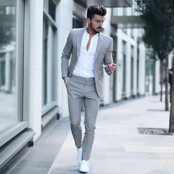 Új alkalmi szürke férfi öltöny esküvőre 2023 egyedi készítésű egyszerű stílusos férfi öltöny Legújabb kabát nadrág minták 2 darab (kabát + nadrág)