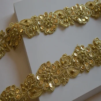 1-5Yds/lot 4Cm széles finom esküvői ruha Flitteres gyöngyös virágos csipke rátét arany szál hímzés Csipke kiegészítők Díszítsd az aranyat