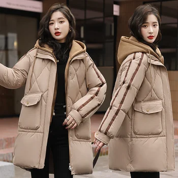 Női kapucnis kabát, pamut párnázott kabát, laza, meleg, vastag, hosszú, szélálló, felsőruházat, téli, új, 2024