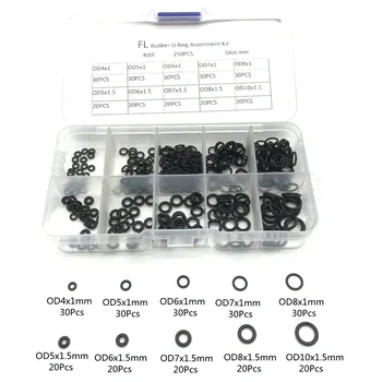 250Pcs / doboz fekete gumi O gyűrű választék alátét tömítések tömítő O-gyűrű készlet 10 méret műanyag dobozzal Gumi dugó szilikon gyűrűk