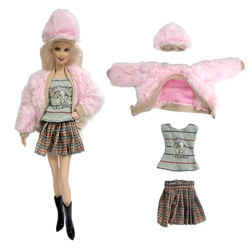 NK 4 elem/ készlet Divatruhák 1/6-hoz BJD baba kiegészítők Rózsaszín kabát + felső + szoknya + kalap Barbie baba lányoknak játék ajándékok