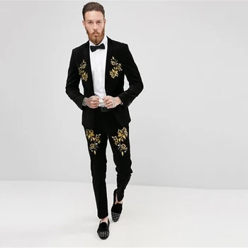 Divat hímzés Fekete öltönyök férfiaknak Hivatalos Party Business Blazer Esküvői vőlegény Tuxedo 2 részes kabát mellény nadrág jelmez Homme