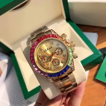 Divat szivárvány gyémánt világító egyedi férfiak vízálló mechanikus óra tervező márka kvarc karóra ajándékba