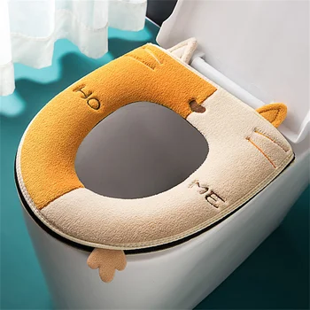 Rajzfilm macska alakú WC-szőnyeg fogantyúval Vastagítsa plüss WC-ülőke huzat WC-szőnyeg Univerzális WC-párna Fürdőszoba aceesories