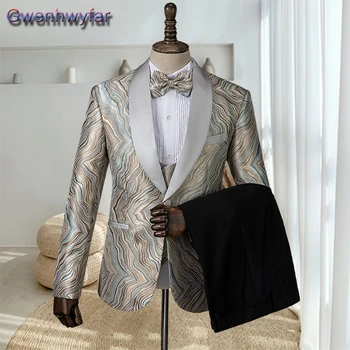 Gwenhwyfar Men Tuxedo Slim Fit divatöltöny Esküvői kendő hajtóka 3 részes alkalmi egymellű kabát Party báli énekes jelmez