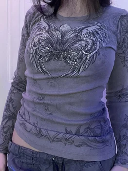 Lairauiy női Y2K gótikus felsők Harajuku retro szárnyak mintás strasszok Hosszú ujjú póló Alkalmi pulóver Őszi utcai ruházat