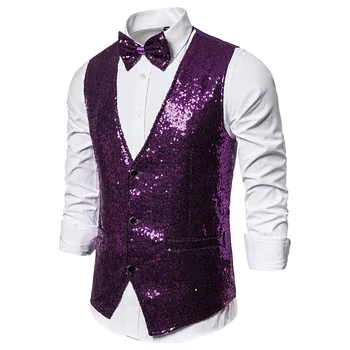 Purple Sequins Vest Men 2024 Brand Slim Fit V nyakú öltöny mellény Mellények Férfiak 70-es évek DJ Nightclub Party Stage Énekes jelmezmellények XXL