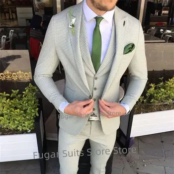 Divat Kis kockás menta zöld esküvői férfi öltönyök Slim Fit csúcs hajtóka vőlegény szett szett elegáns férfi blézer jelmez homme