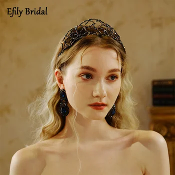 Efily Barokk fekete gyöngyök Kristály korona Tiara kézzel készített menyasszonyi diadém hercegnő fejdísz esküvői fejpánt haj kiegészítők Ajándék