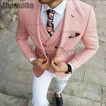 Thorndike férfi öltöny blézer készletek rózsaszín férfi öltönyök jelmez Homme Slim Fit Tuxedo vőlegény öltöny férfi esküvői öltöny (dzseki + nadrág + mellény)