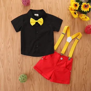 Toddler Boys Gentleman Suit nyári rövid ujjú csokornyakkendő hajtókás ing + piros vállpántos rövidnadrág szett
